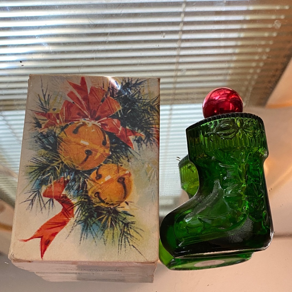 Avon Green Glass Stocking with Red Top